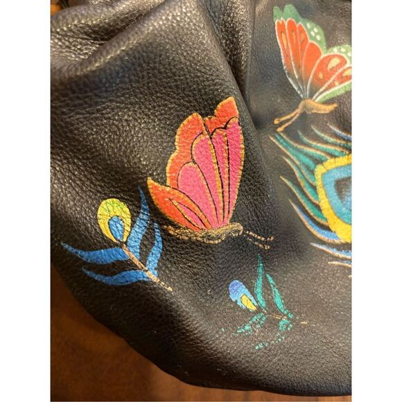 Anuschka Women's Brown Hand Painted Floral Butterfly Print Leather Shoulder Bag - Picture 7 of 8